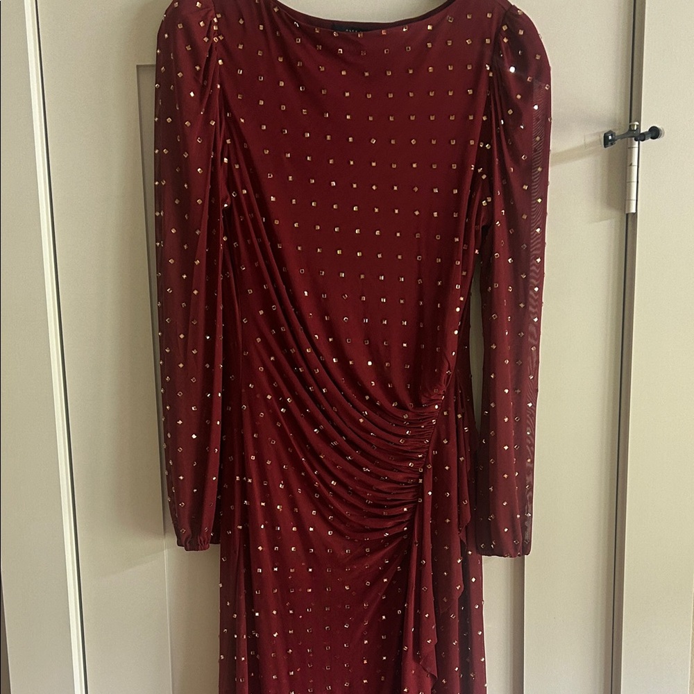 Long Sleeve Burgundy Ruched Evening Dress